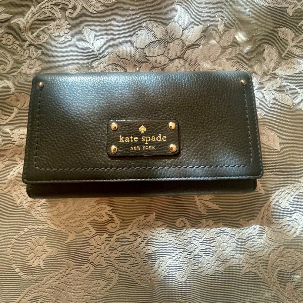 Kate Spade Dark Gray Leather Clutch with Gold Accents